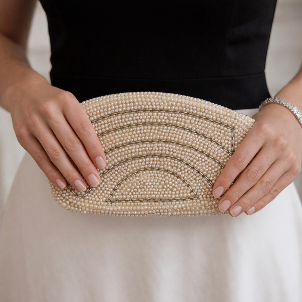 Vintage 50s Ricci Ivory Pearl Beaded Clutch Evening Purse